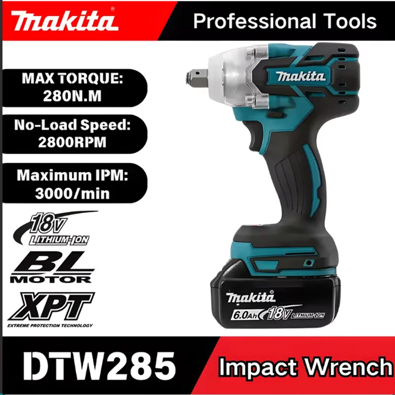 

MAKITA DTW285 Cordless Impact Wrench 18V Brushless Motor High Torque 280N.m 1/2" Socket Rechargeable Electric Wrench DTW285