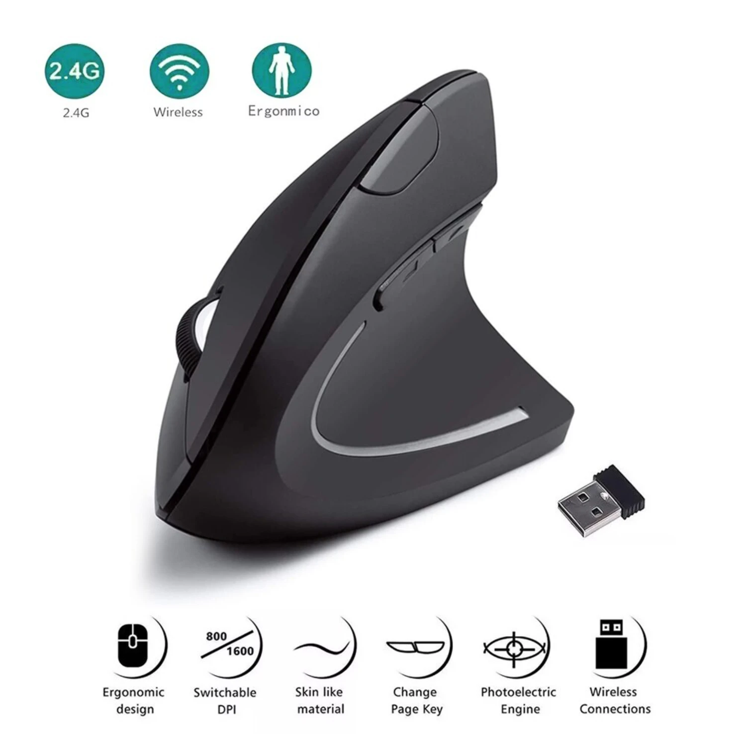 Vertical Mouse Ergonomic 2.4GHz Wireless Optical Mice 3 Adjustable DPI 800/1200/1600 6 Buttons  Laptop  Computer Desktop