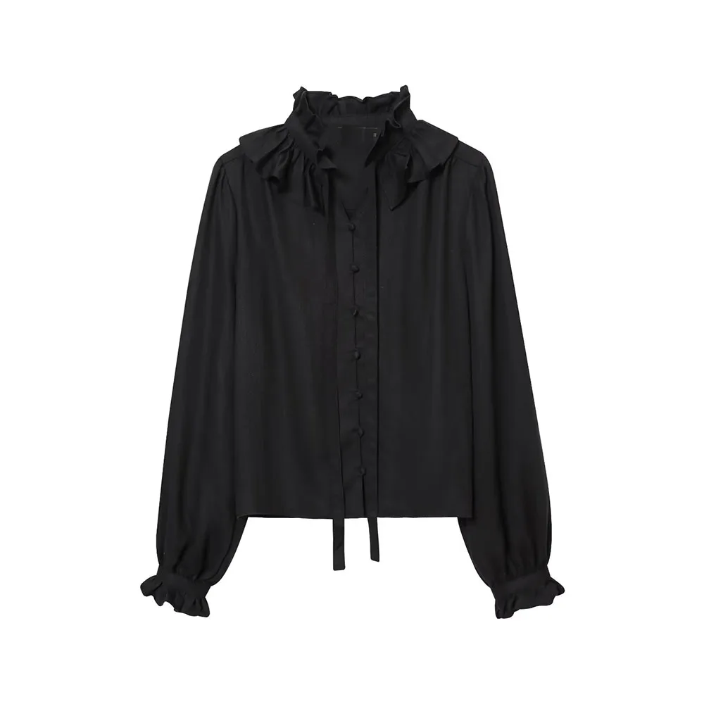 DiYiG KOBIETA 2025 Zima Nowa Moda Bluzka z Falbankami i Warstwowym Kołnierzem Retro Rękawki z Rogami Uniwersalna Zapinana na Guziki Casualowa Bluzka Mujer