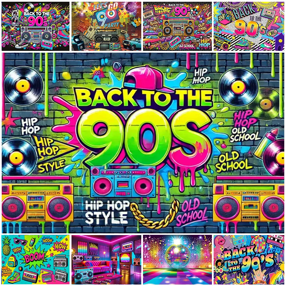 

Retro Back To The 90‘s Photography Backdrop Retro Club Neon Graffiti Disco Party Decorations Birthday Party Background Supplies