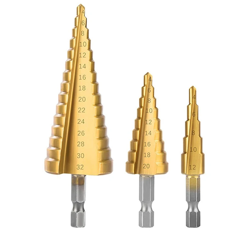 3 Pcs HSS Pagoda Drill Reaming Drill Bits Set Of 3 Straight Fluted Titanium Hexagonal Shank Step Drill Bits Tool Accessories