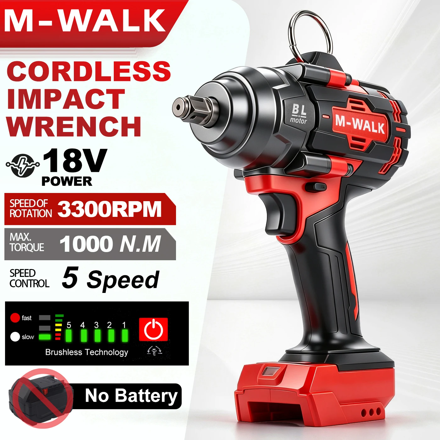 1000N.M Brushless Impact Wrench 5 Gears Cordless Electric Driver 1/2