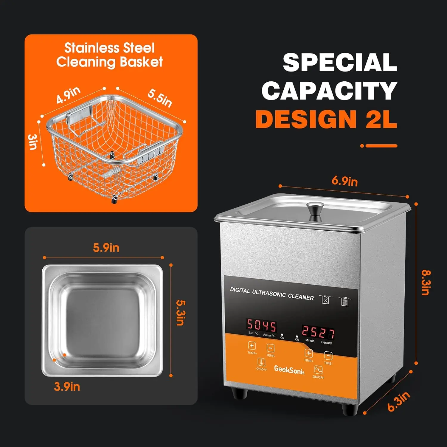 ACMESONIC 2L เครื่องทําความร้อนจับเวลา Digital Ultrasonic Cleaner 40kHz SUS 304 สแตนเลสสําหรับเครื่องประดับนาฬิกาแว่นตาอุปกรณ์เสริม