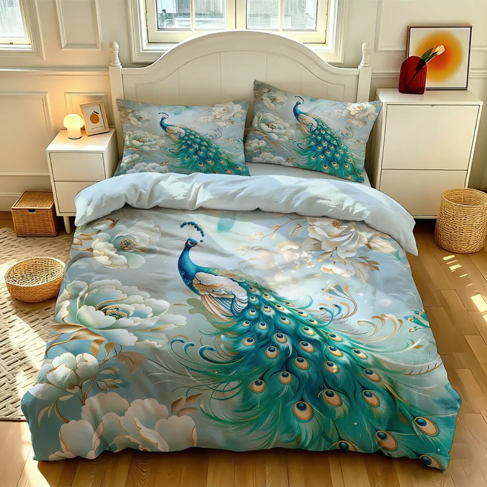 3pcs Beautiful Peacock Print Coreless Duvet Cover Set, Multi Size Bedroom Bedding Decoration, Machine Washable