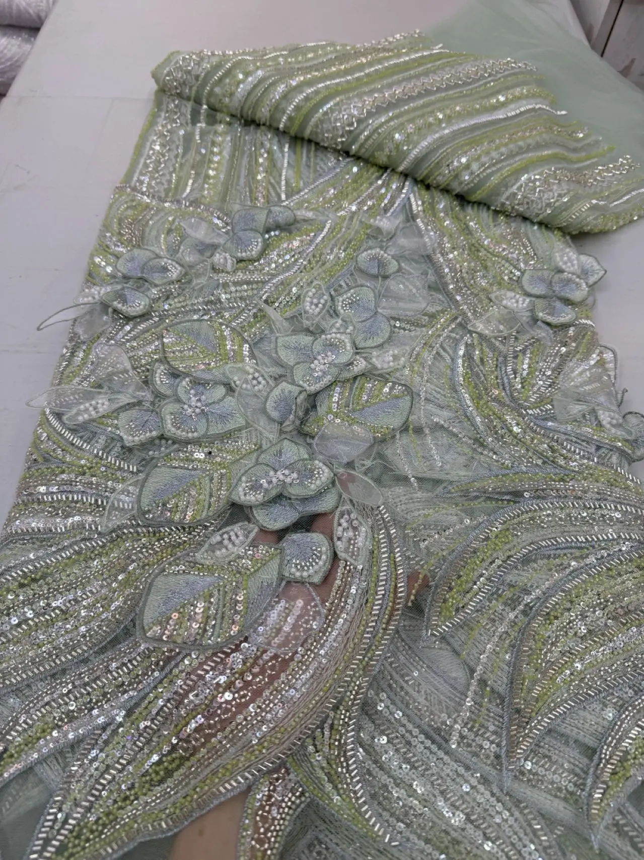 3D African Beaded Lace Fabric with Sequins 2026 High Quality Nigerian Bridal Tulle Embroidery for Wedding Dress Material 1894