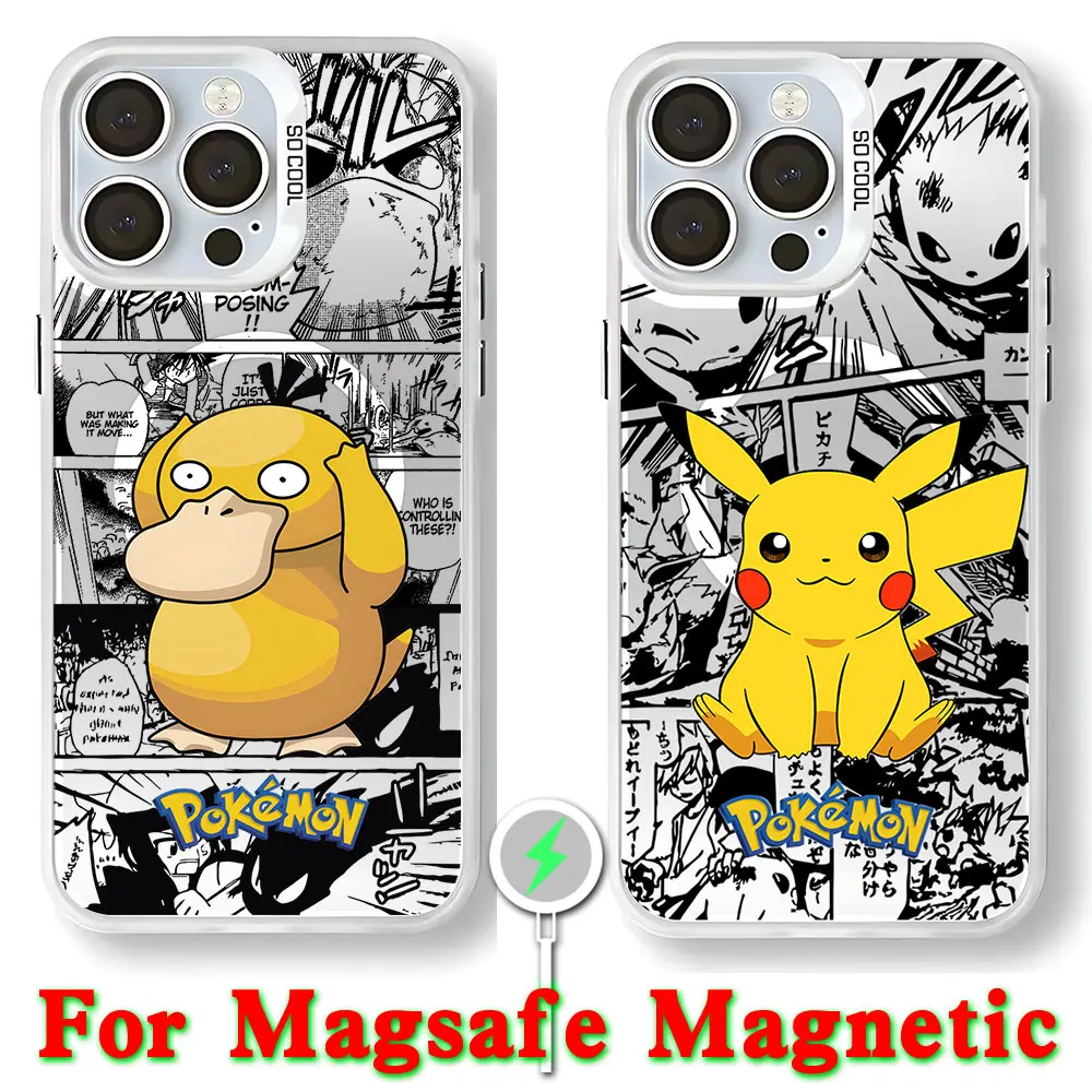 Anime Psyducks Pikachus Pokemens Magsafe Magnetic Phone Case for IPhone 11 12 13 14 15 16 Pro Max Plus Silver Plated Cover