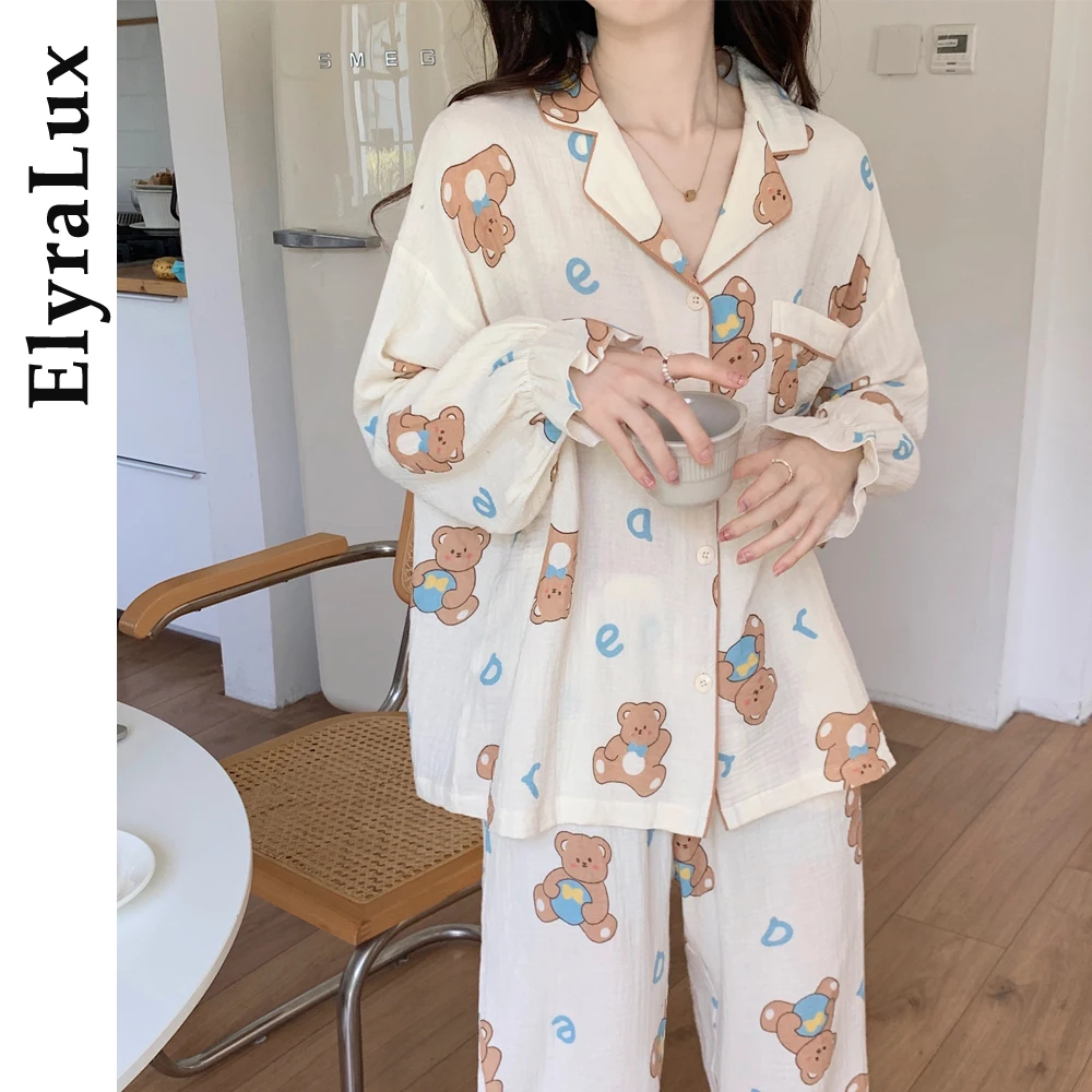 

Женская зимняя пижама из смеси хлопка с милым медвежьим принтом, двойная марля, домашняя одежда с длинными рукавами, домашняя одежда для отдыха, костюм для сна на осень