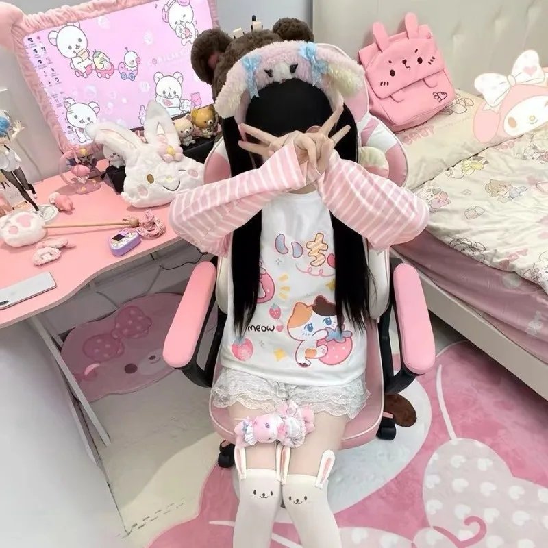 Japanische Patchwork Rosa Streifen Casual T-shirt Herbst Cartoon Druck Harajuku Tops Grunge Kawaii Nette Y2k Ästhetischen T-shirts