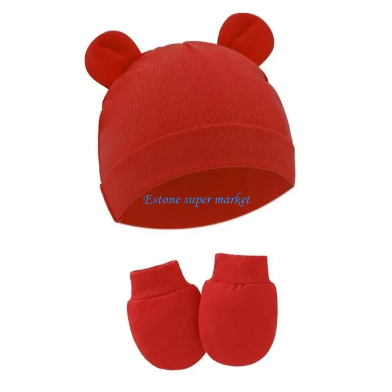 090B قفازات قطنية للرضع مضادة للخدش، مجموعة قبعة مستشفى لحديثي الولادة للأولاد والبنات