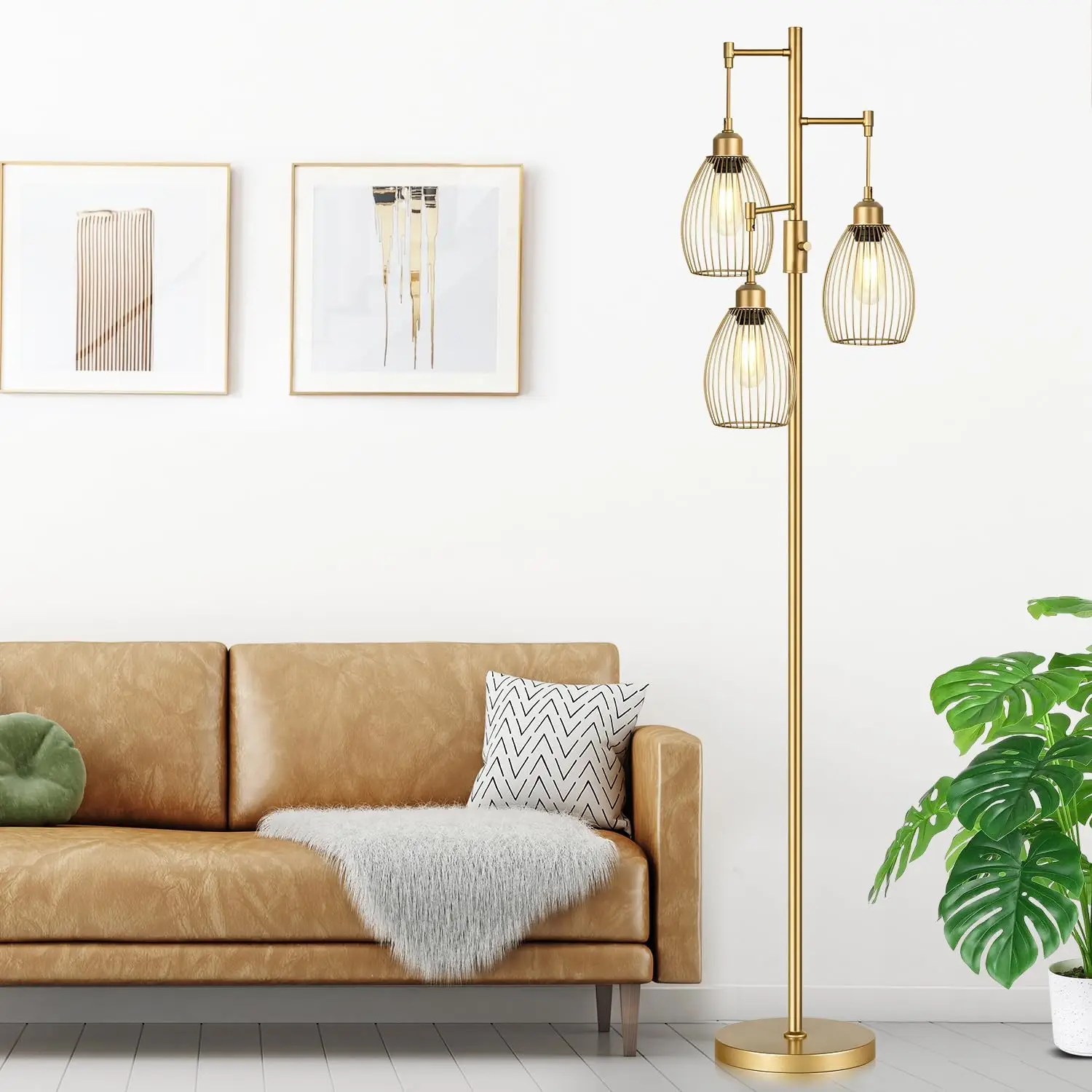 

Dimmable Industrial Floor Lamps for Living Room, Gold Tree Standing Tall Lamps with 3 Elegant Teardrop Cage Head