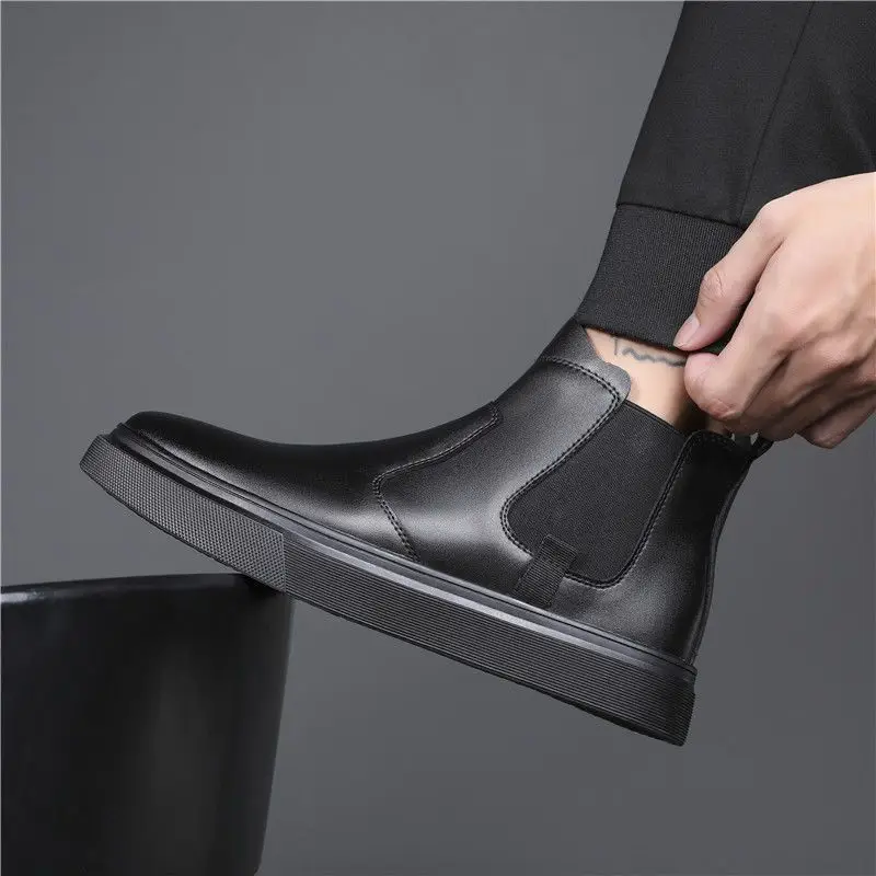 

mens fashion chelsea boots brand designer flats shoes cowboy genuine leather boot handsome autumn winter ankle botas masculinas