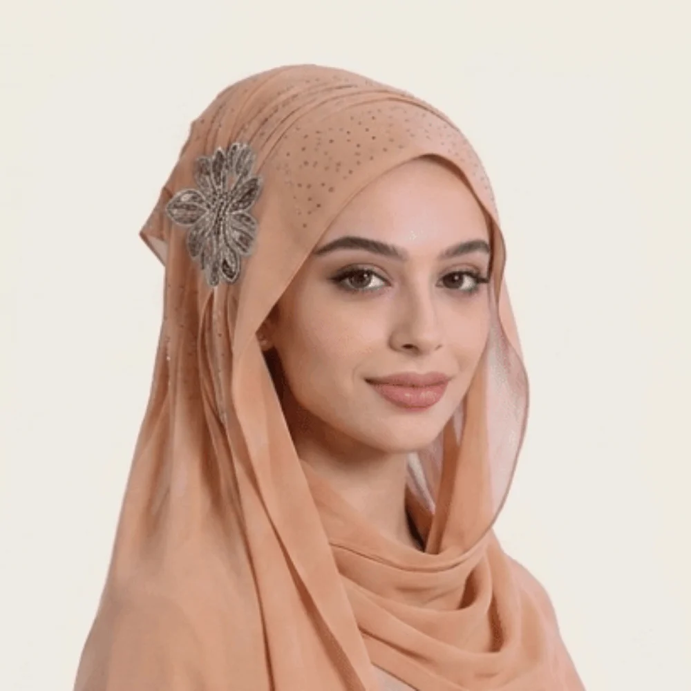 Sparkling Shiny Chiffon Hijab Rhinestone Flower Decor Light Luxury Head Wrap Turban Solid Color Breathable Long Scarf Women