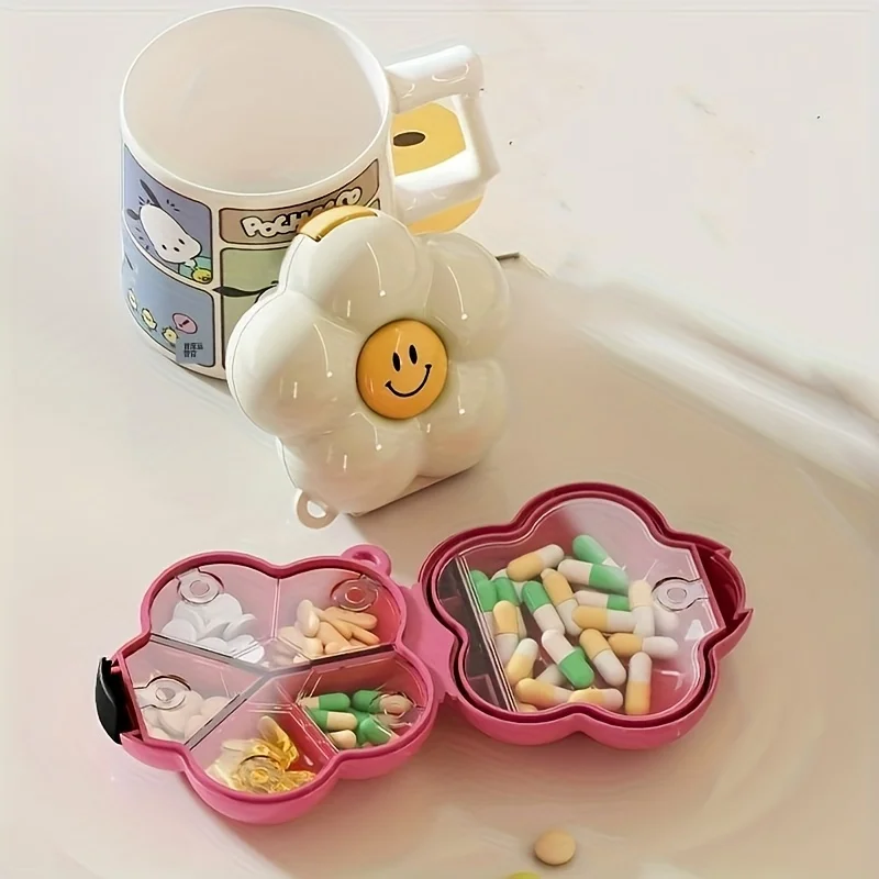 Flower Pattern Pill Organizer Dopamine Style With Label Compartments Lid Durable Plastic Portable For Travel Pill Cosmetic