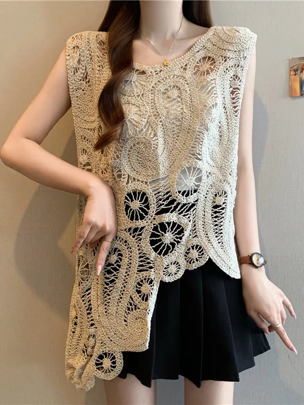 Bohemian Style Hollow out Strap Vest Women's Outerwear Autumn New plus Size Irregular Top round Neck A-Line Narrow Strap Vest