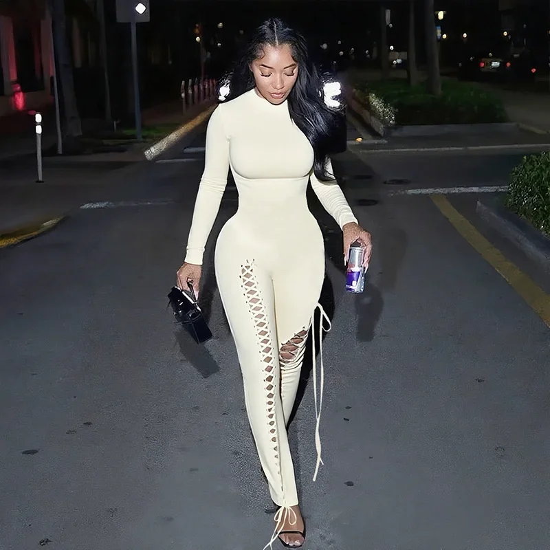 Doyerl طويلة الأكمام Bodycon ثوب فضفاض للنساء بذلة ملابس للنادي حفلة نحيل الدانتيل متابعة الرباط ضمادة قطعة واحدة وزرة فام