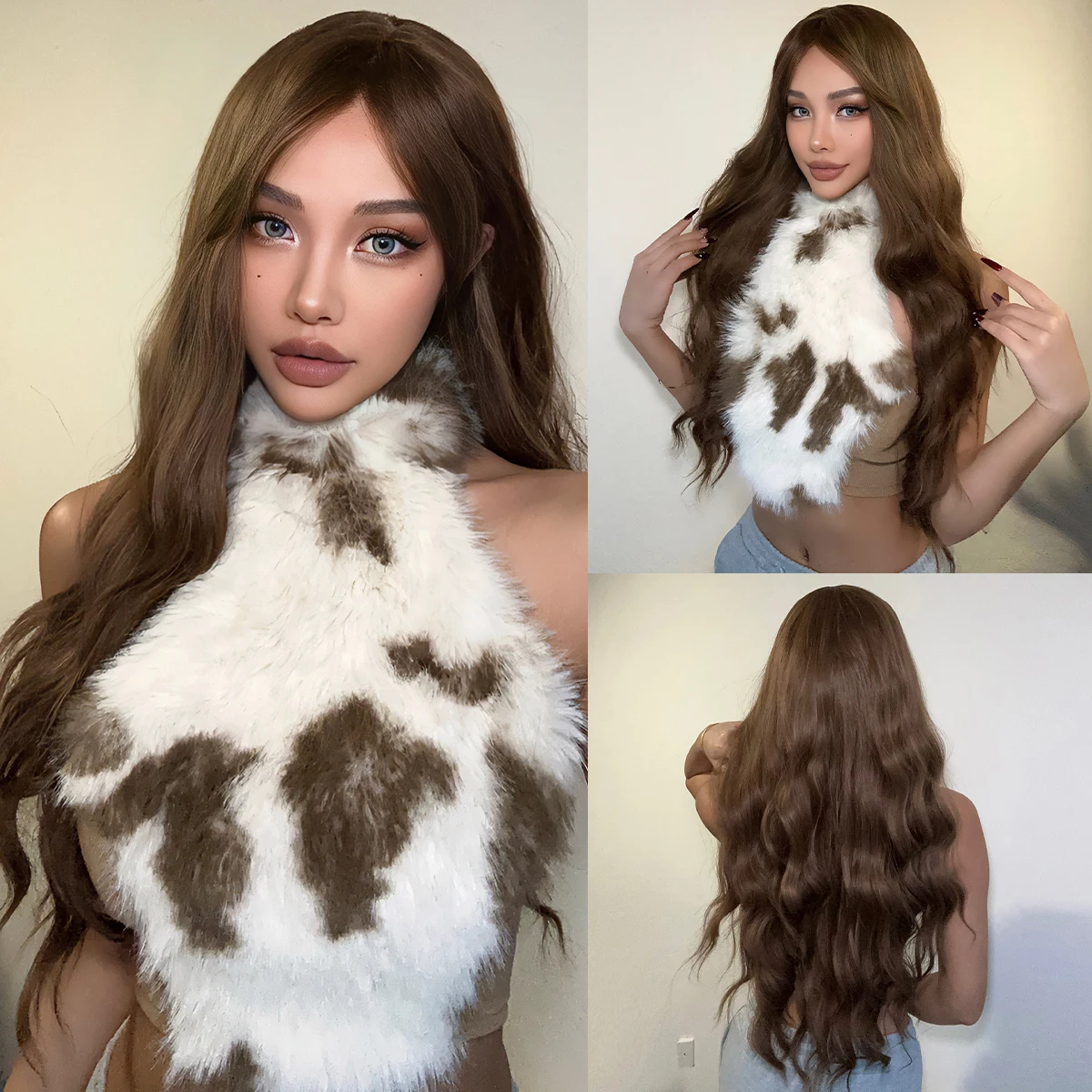 Chocolate Brown Wigs Super Long Wavy Wig With Medium Part Bangs Natural Curly Synthetic Fake Hair For Women Daily Cosplay Party