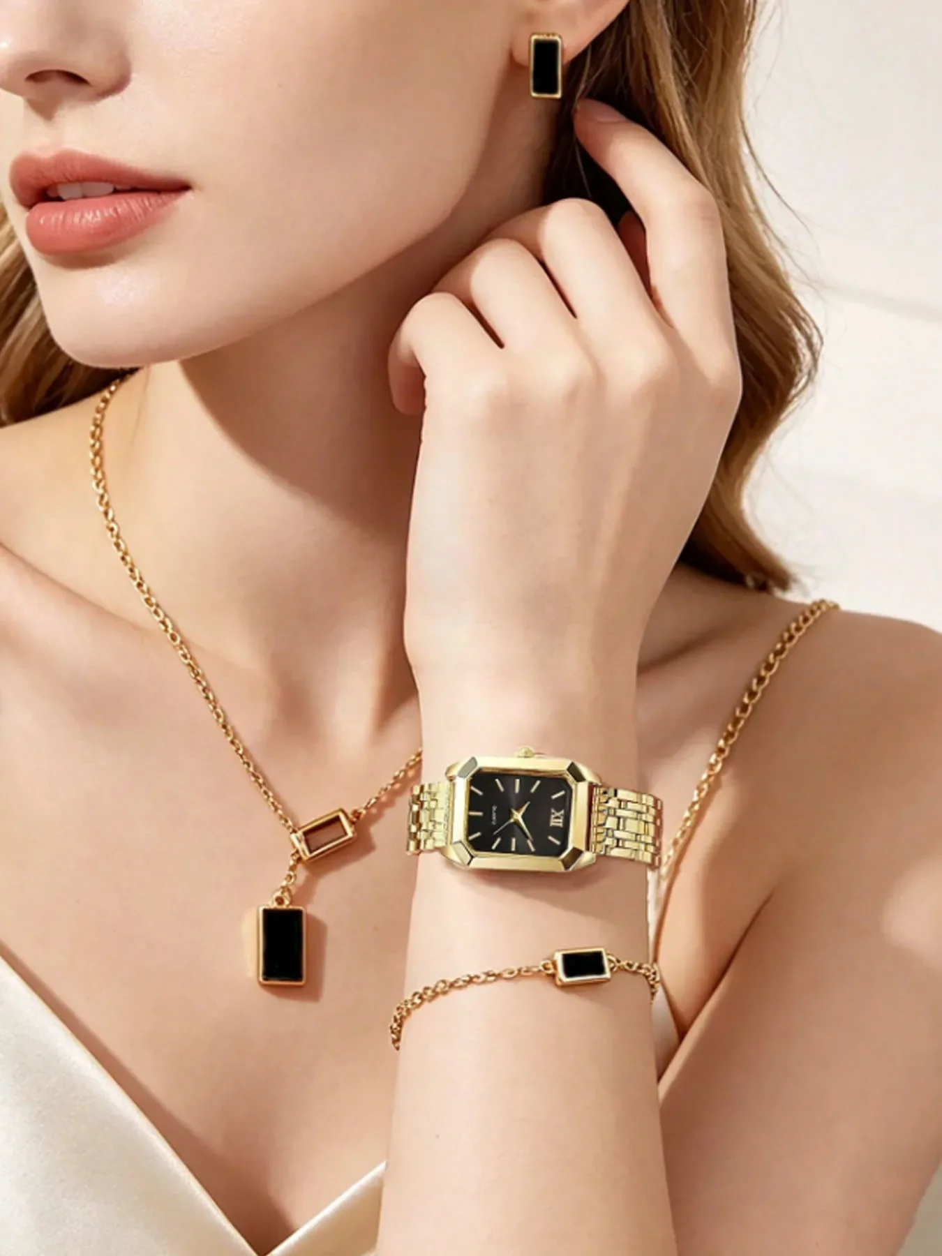 Juego de joyería con reloj dorado para mujer, 4 piezas: reloj de pulsera cuadrado con números romanos, collar, pulsera y pendientes, accesorios de moda para mujer.