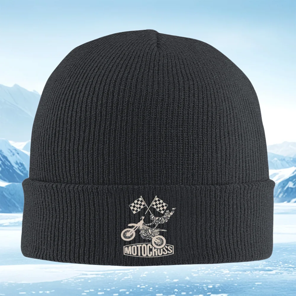 Motocross rider jumping checkered flags Men Women Unisex Knitted Hat Beanie Pullover Cap Winter Thermal Warm Christmas Outdoor C