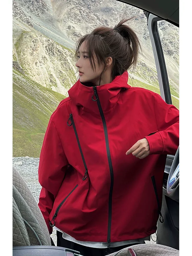 

Loose Casual Cool Red Hooded Jacket Women's Spring New Small Design Sport Long Sleeve Top Outerwear