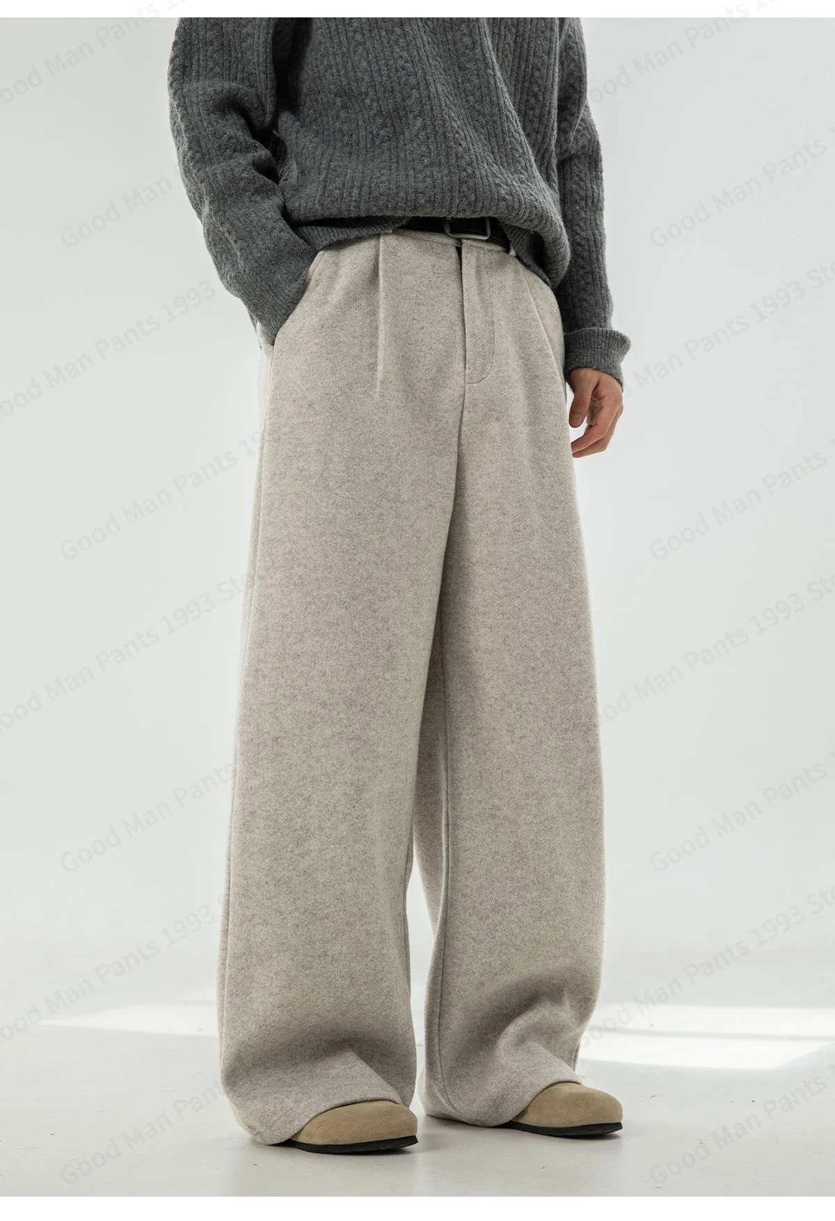 Herbst- und Winter-Herrenhose aus schwerer, strukturierter Wolle mit geradem Bein, locker gefaltet, Y2K Koreanische Baggy Casual Hose – Detail 13