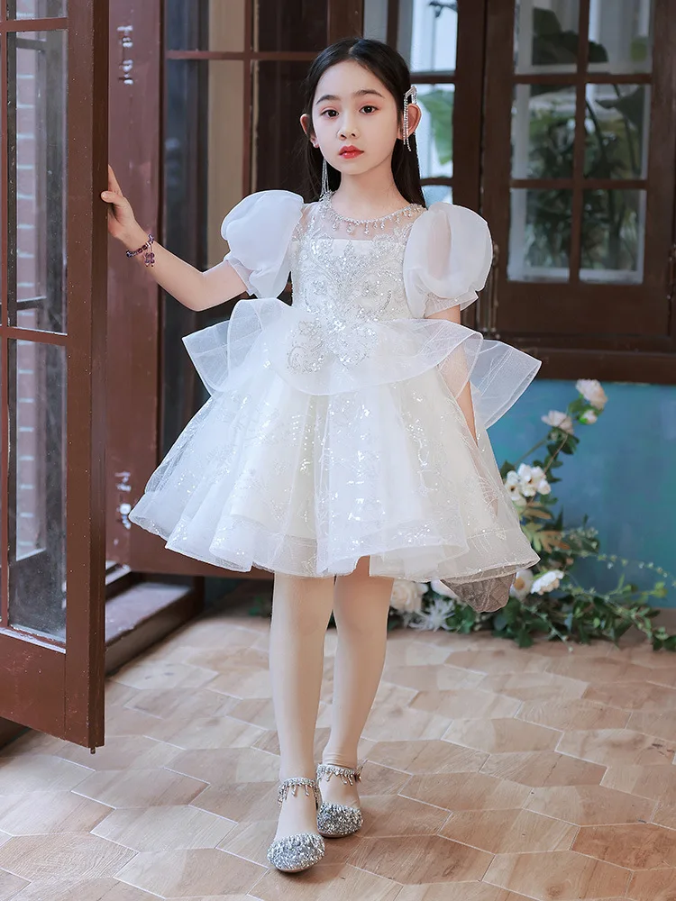 Flower Girl White Sequins Dress Children Birthday Baptism Dresses For Kids Elegant Frocks Girls Boutique Party Wear Vestidos