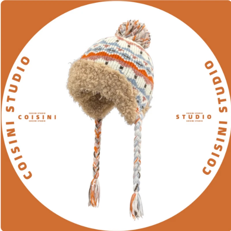 Japanese New Fair Island Style Strappy Plush Knitted Hat for Men and Women Outdoor Thickened Warm Lace-up Flying Bomber Hats