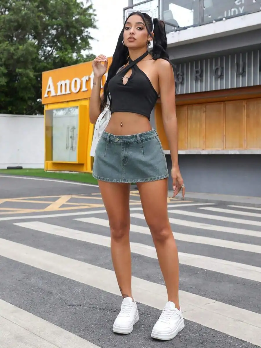 Women's High-Waisted Denim Mini Skirt with Front Pocket and Distressed Hem