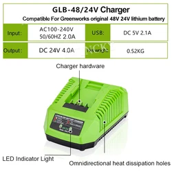 For Greenworks Li-ion Battery Charger 48/24V 5-Pin Electric Tool Batteries Chargers Replacement Dual USB EU/US/AU/UK plug