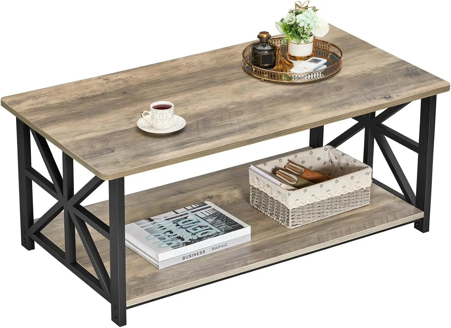 Round Corners Coffee Table for Living Room | Rustic Style Center Table with Storage Shelf,39 Inch Space Saving Sofa Table,Easy Assembly,Gray Wash