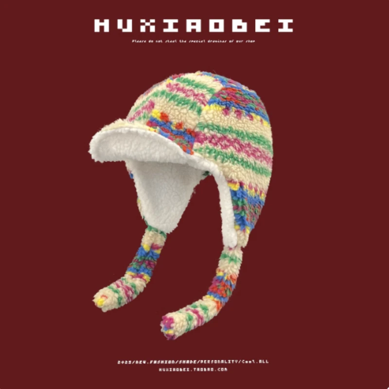 

Корейская версия цветной сращенной овечьей шерсти, защитная шапка для ушей, летающая шапка для мужчин и женщин, зимние уличные теплые шапки-бомберы для верховой езды