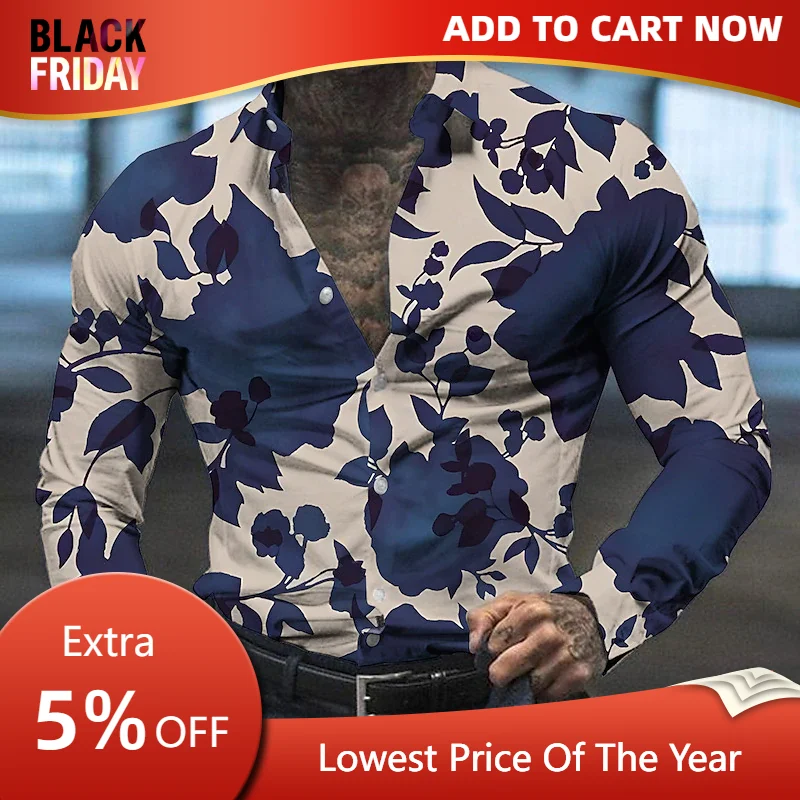 Men\'s shirt floral pattern lapel top outdoor street long-sleeved shirt button design casual and breathable 2024 new style hot sa