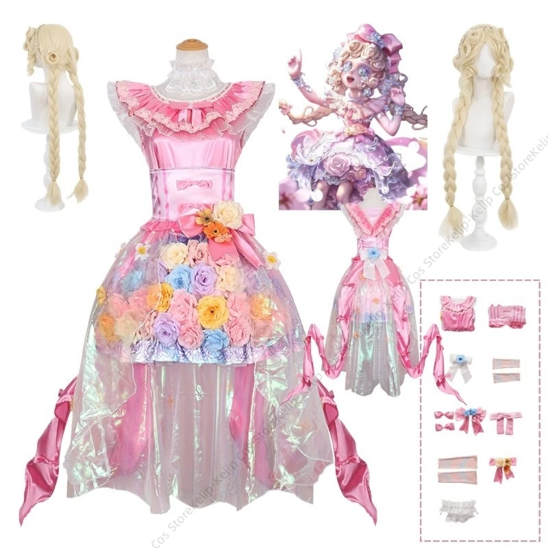 Identity V Moonlit Mirage Little Girl Cosplay Costume Wig Pink Floral Dress Accessory Halloween Carnival Comic Con Party Outfit