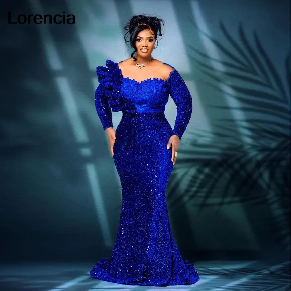 Lorencia Royal Blue Sequins vestido de baile africano, sereia vestidos de noite formais, menina negra nigeriana, YPD13