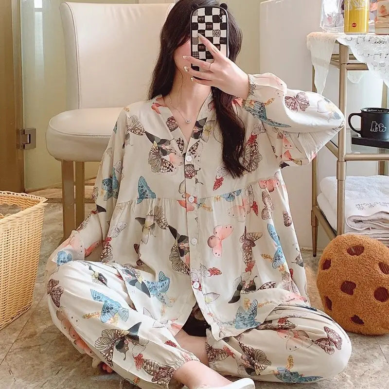 Cotton Silk Pajamas Women Spring Autumn Long Sleeve Summer Thin Silk Home Dress Rayon Cotton Set Cool Feeling Fat M Large Size