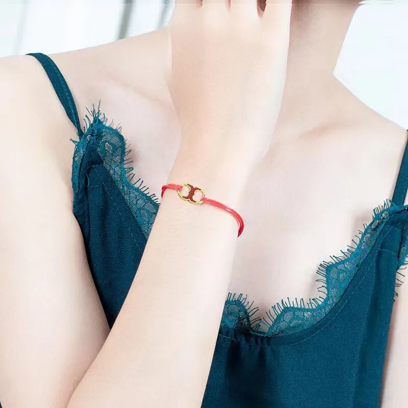 18K Gold-Plating Round Enamel Lovely Bracelet Classic Self-woven Red Rope Party Unisex Jewelry