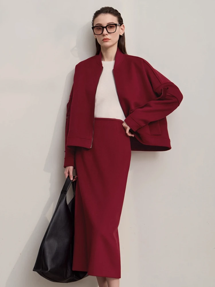 

AMII Midi Skirt 2025 Winter Minimalist Solid Woman Clothing Loose Zipper Versatile Long Sleeves Jacket A-Line Long Skirt12524022