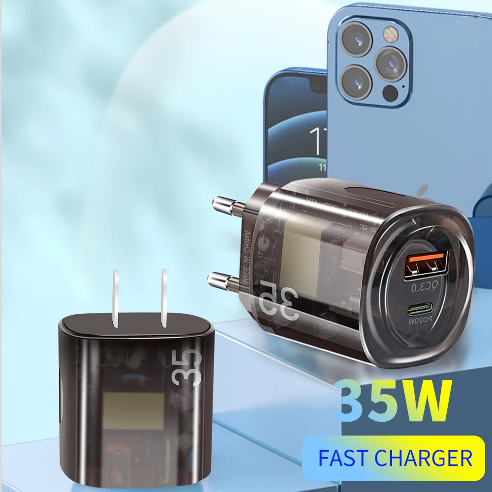 35W Transparent Mecha PD Wall Charger Type‑C Quick Charge 3.0 Fast Charging Portable Charger For iPhone 15 Samsung Xiaomi Huawei