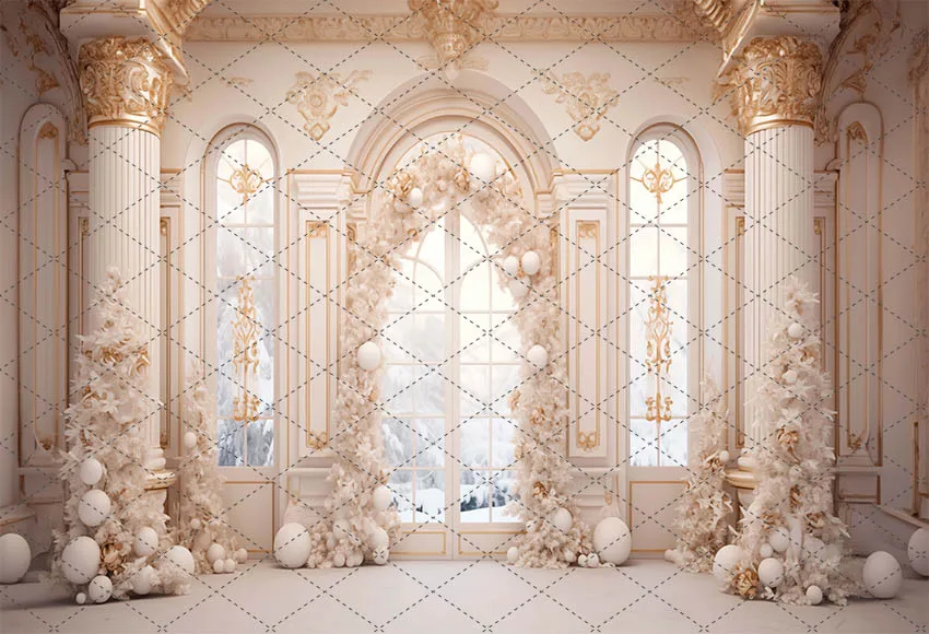 Mehofond Elegant White Christmas Photography Background Family Holiday Party Winter Palace Room Arch Windows Backdrop Photocall