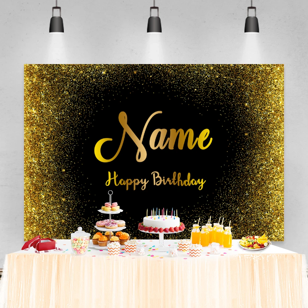 Laeacco Schwarz Gold Glitters Glücklich Geburtstag Party Fotografie Hintergrund Name Angepasst Portrait Vinyl Hintergrund Für Foto Studio