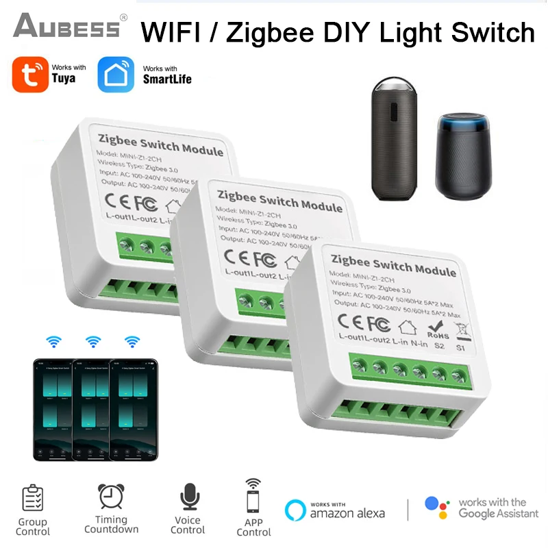 ZigBee/WIFI Tuya Mini Smart Switch 1/2/3/4 Gang Zigbee3.0 APP Voice Remote Control Switch Module With Amazon Alexa And Google