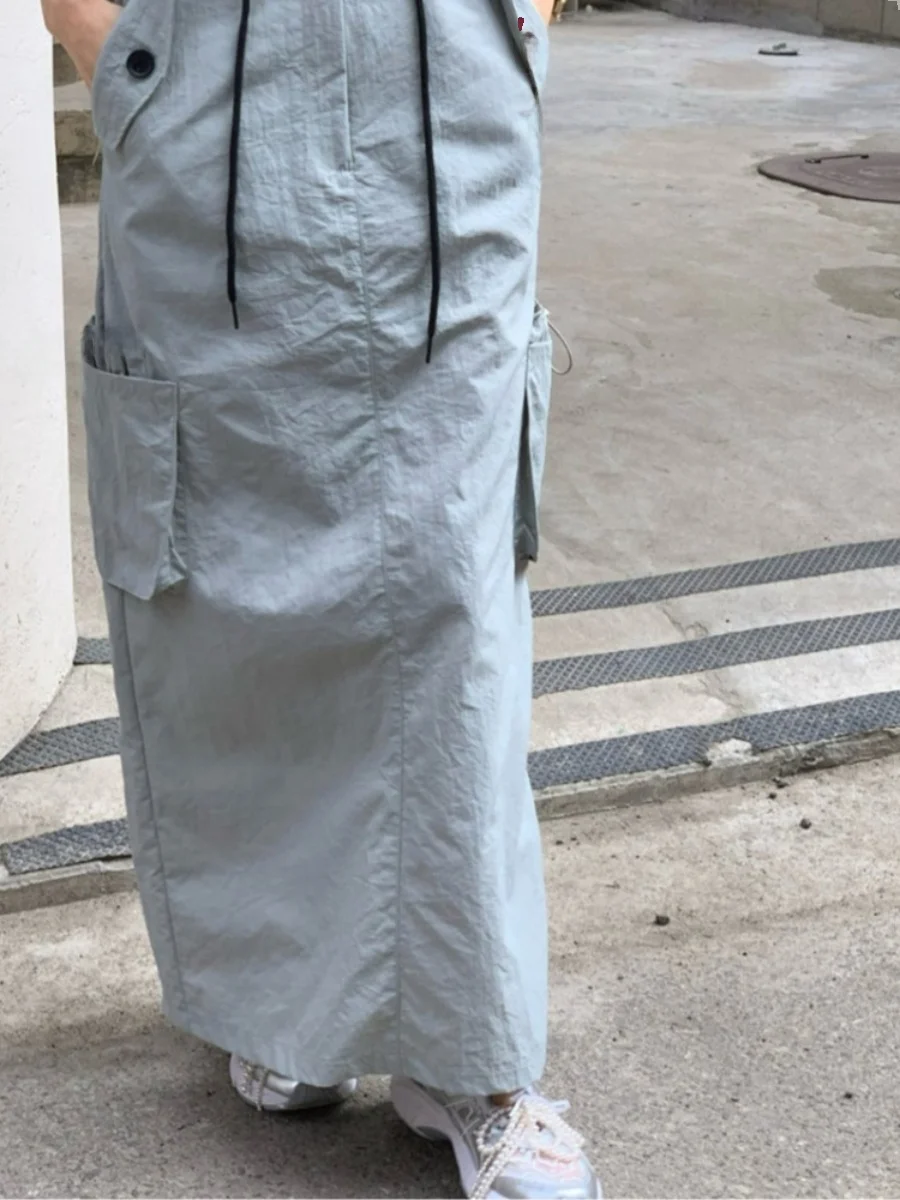 กระโปรงมิดิผู้หญิงทรงหลวมเก๋ไก๋พร้อมเอว Dstring Ba Split กระโปรงยาวผ้าฝ้ายตรงลำลองสำหรับการเดินทาง