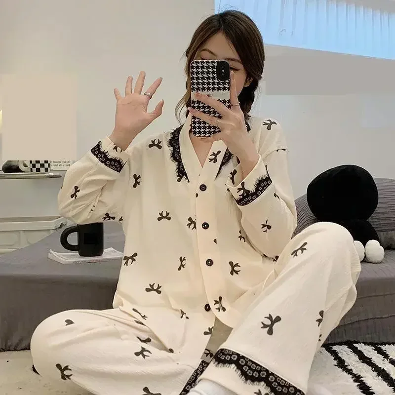 Рубашка Брюки Ночная рубашка Пижамы с v-образным вырезом Пижамы Кружевной комплект для сна Весенняя женская одежда для сна с рукавами Пижамный костюм Длинный комплект нижнего белья