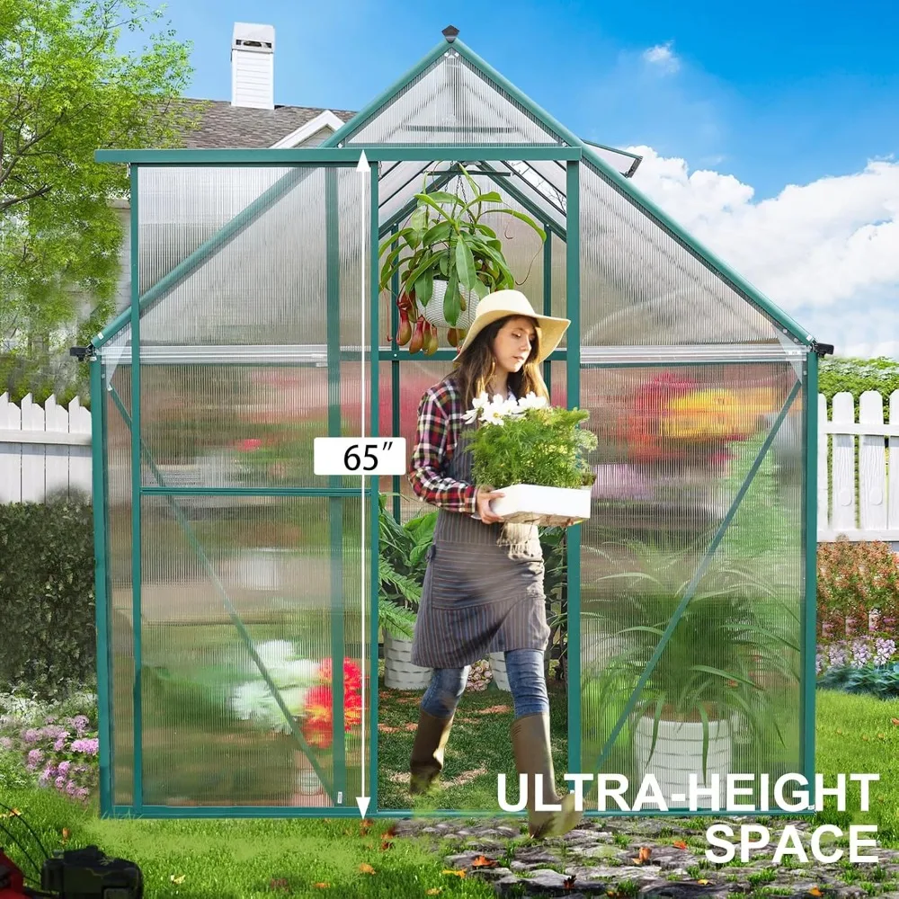 

Outdoor Heavy-Duty Aluminum Polycarbonate Greenhouse, 10x6 Feet, with Rain Gutter, Ventilation, and Lockable Door