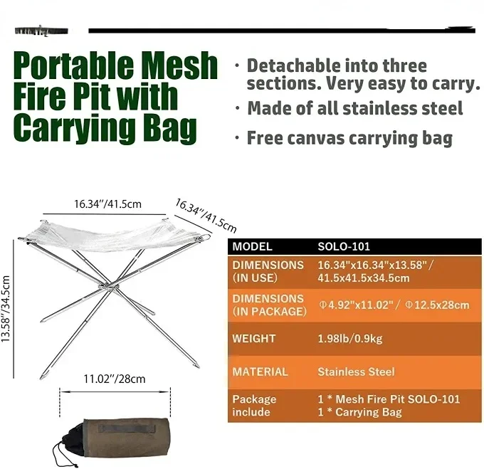 Outdoor Camping Hiking Barbecue Grill Fire Net Stainless Steel with StanCampfire Grill Folding Wood Stove