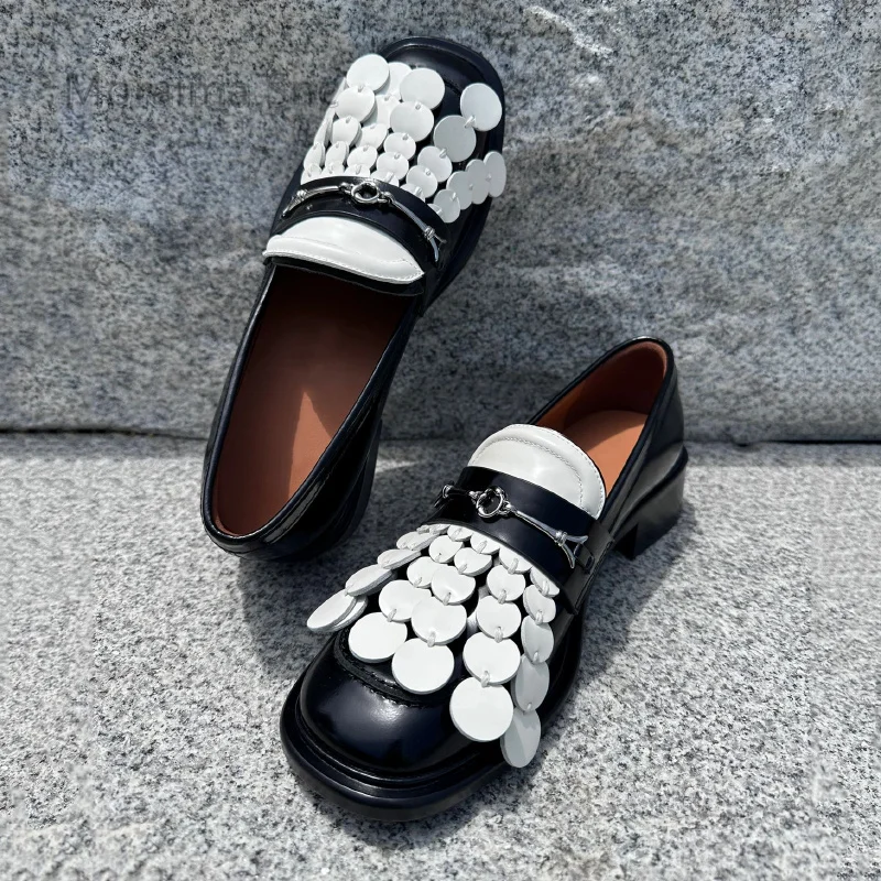 Retro Thick Soled Tassel Metal Buckle Loafers Single Shoe British Style Round Head Women's Pumps Leather Shoes Female Spring
