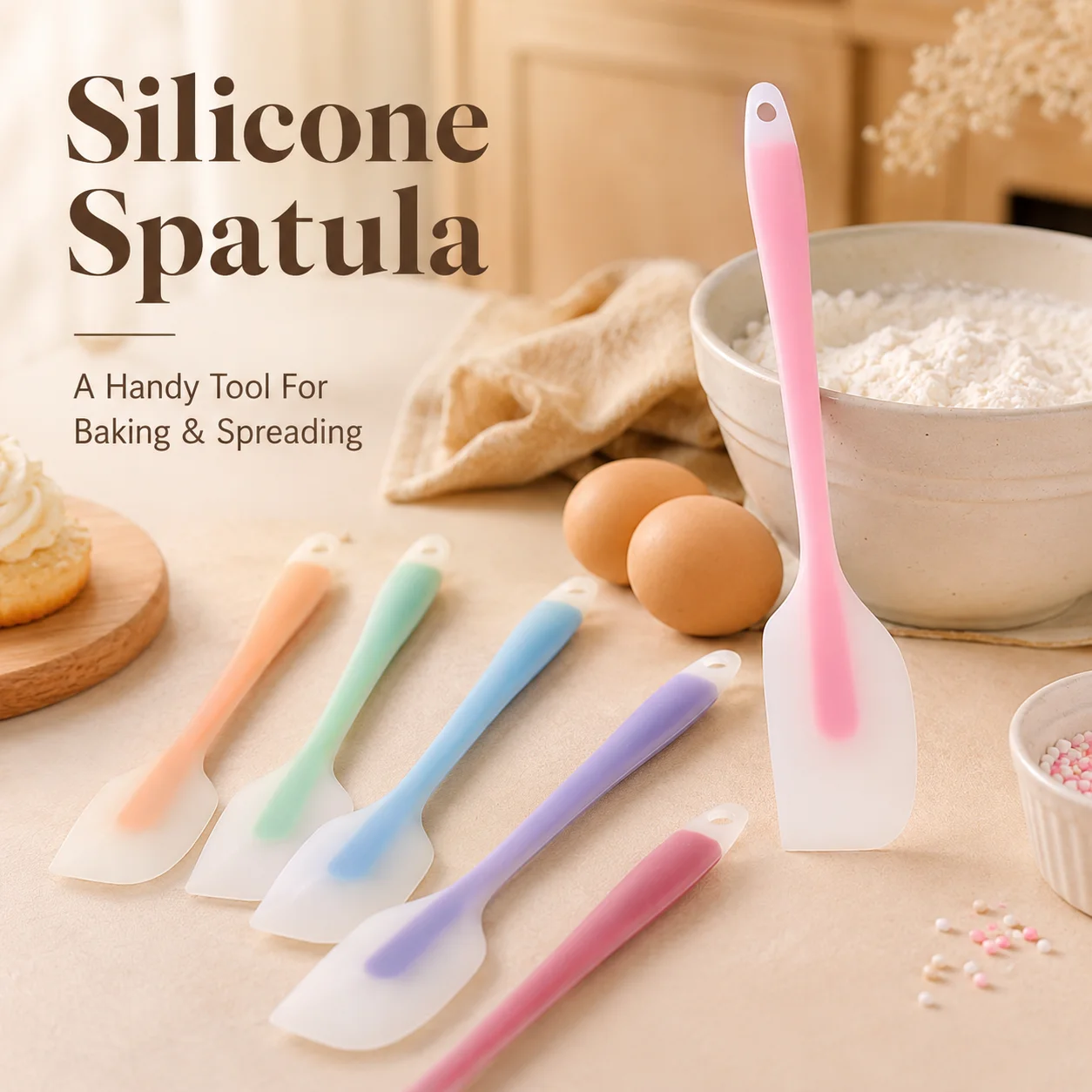 Flexible Silicone Baking Spatula, Long Handle Mixing Scraper and Cream Spreader for Cake Batter, Frosting, Butter, Jam and Dough, Nonstick Kitchen Tool for Stirring, Bowl Scraping, Smoothing, Decorating and Home Pastry Making, Random Color