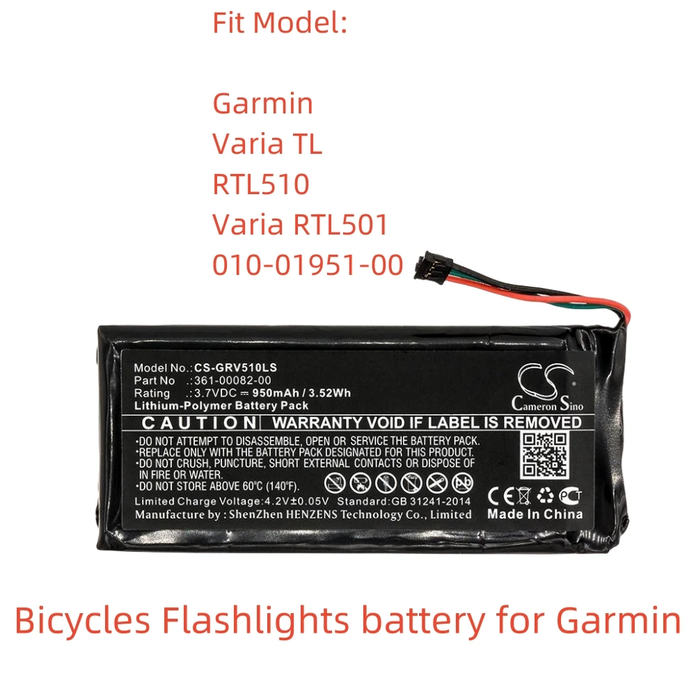

CameronSino Li-Polymer Lighting System battery 361-00082-00 for Garmin,3.7v,950mAh,Varia TL RTL510 010-01951-00