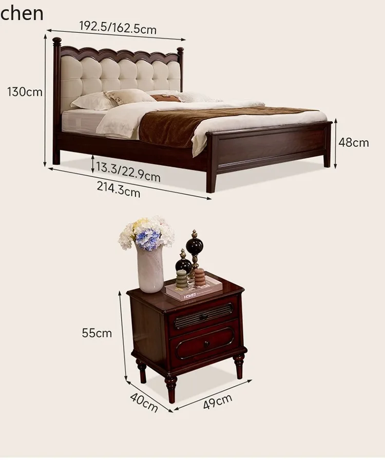 HT Vintage Style Solid Wood Master Bedroom Retro Style Large Bed Cream Style Genuine Leather Upholstered Wedding Bed Double Bed