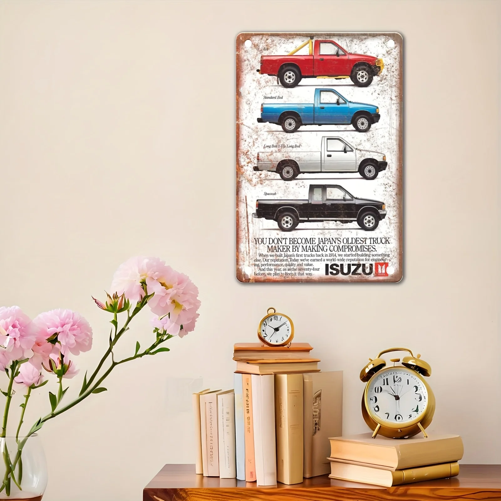 Vintage 1988 Isuzu Pickup Truck Metal Sign - Retro Wall Decor, in Unframed, Light Blue with Yellow,White Details, Perfect Gift