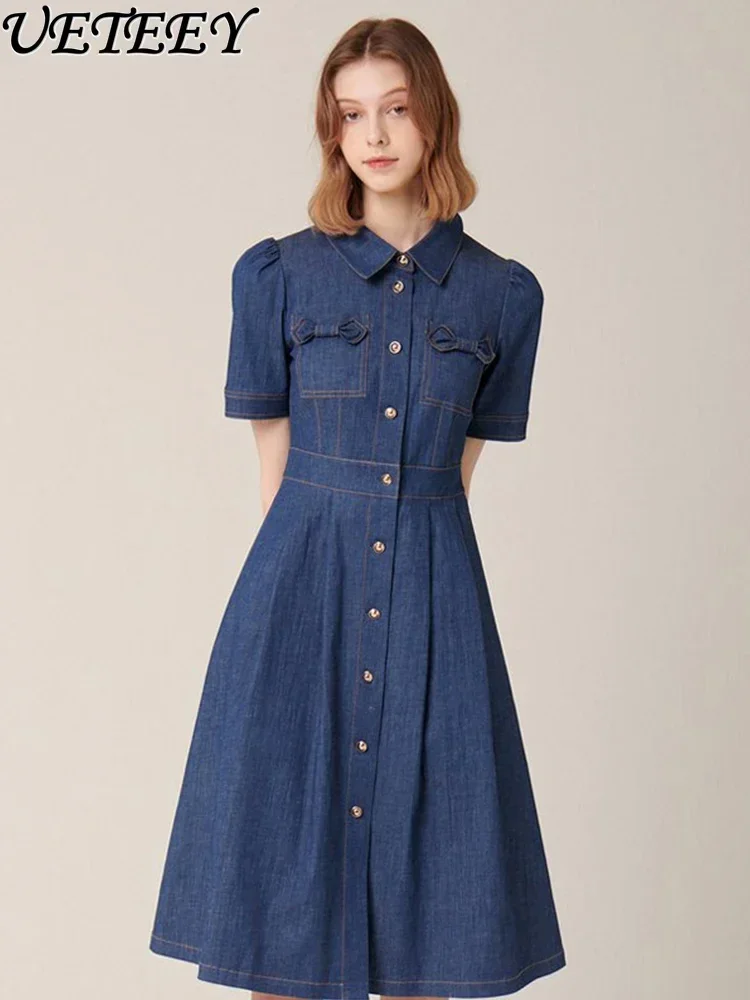 Fashion Bow Slim Fit High Waist Short Sleeve Slimming Denim Long Dress Summer New Thin Polo Neck French Retro Maxi Dresses